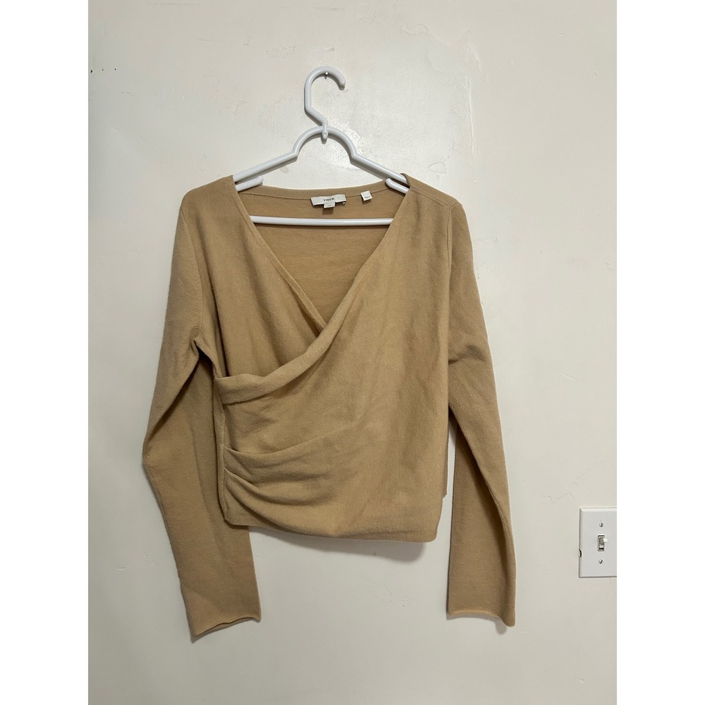 Vince Wrap‎ Front Ruched Cashmere Wool Blend Sweater Camel L